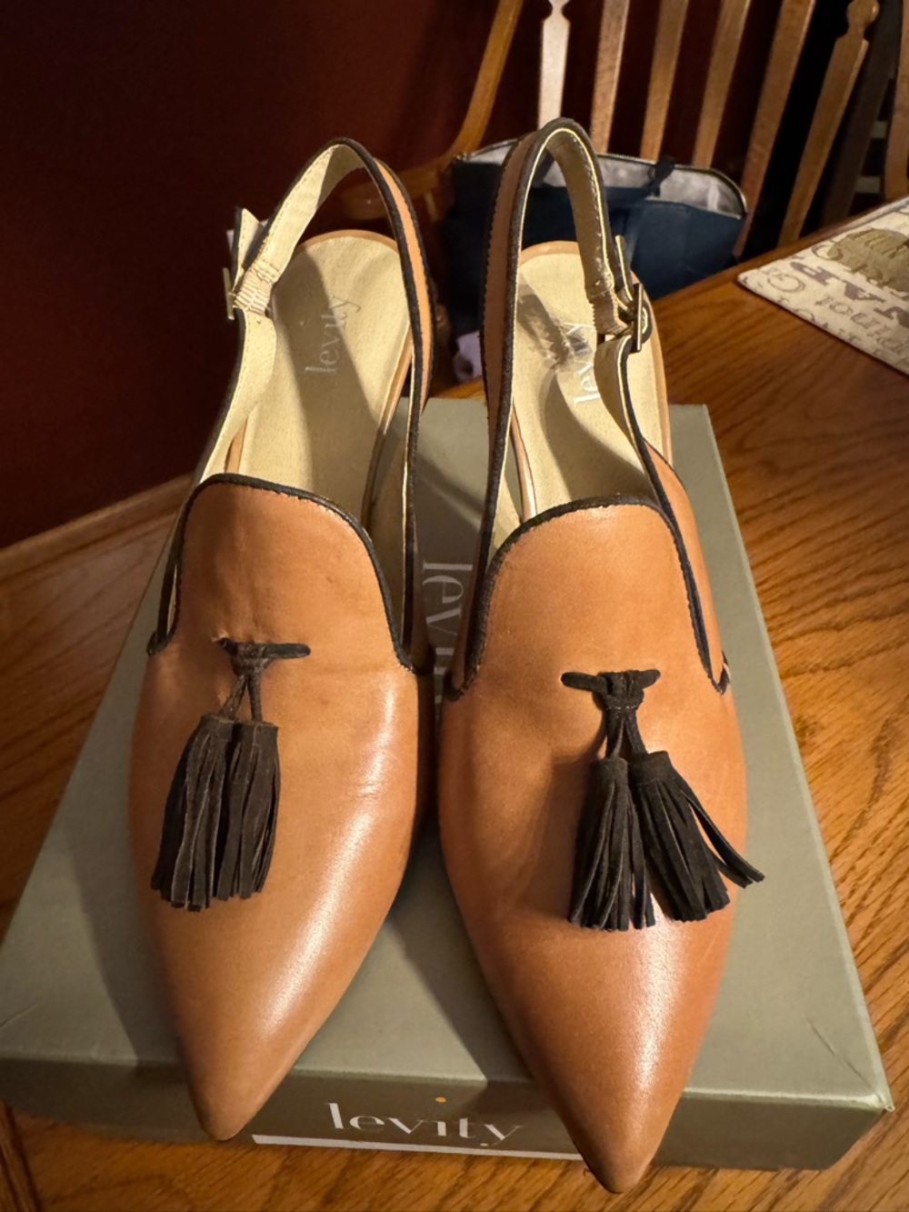 levity Tan Pointed Leather Tassel Slingback Heels